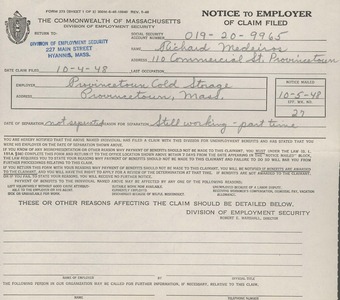 Provincetown Cold Storage 1948 Unemployment Claim Notice