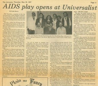 "AIDS Play Opens at Univeralist" Provincetown Advocate 1987