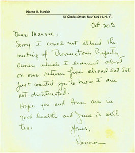 Note from Norma Starobin to Maurice"Brig" Brigadier