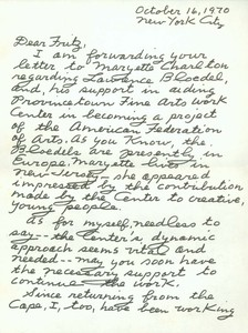 Letter from Lillian to Fritz Bultman (dated October 16, 1970)